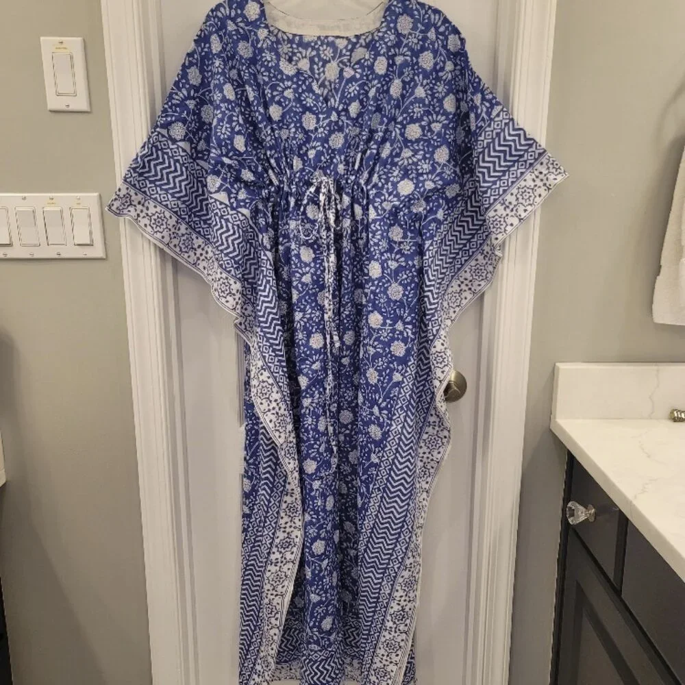 Women Blue & White Cotton Long Kaftan, Caftan Swimsuit Coverup. One size - Picture 2 of 7